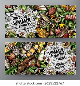 Cartoon vector doodle set of Summer banners templates. Corporate identity for the use on apps, branding, flyers, web design. Funny colorful illustration.