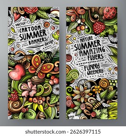 Vector de dibujos animados doodle conjunto de Plantillas de Anuncios de Naturaleza de verano. Identidad Corporativa para el uso en App, branding, flyers, Diseño web. Divertida ilustración colorida.