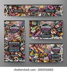 Cartoon vector doodle set of Sweets corporate identity templates. Colorful funny banners, id cards, flayer for the use on branding, invitations, cards, apps, web design.