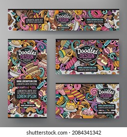 Cartoon vector doodle set of Sweets corporate identity templates. Colorful funny banners, id cards, flayer for the use on branding, invitations, cards, apps, web design.