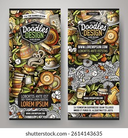 Cartoon vector doodle set of Tea banners templates. Corporate identity for the use on apps, branding, flyers, web design. Funny colorful illustration.