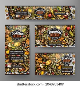 Cartoon vector doodle set of Thanksgiving corporate identity templates. Colorful funny banners, id cards, flayer for the use on branding, invitations, cards, apps, web design.