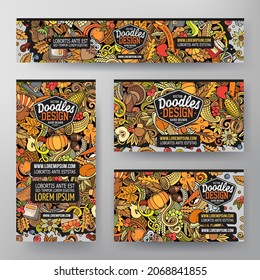 Cartoon vector doodle set of Thanksgiving corporate identity templates. Colorful funny banners, id cards, flayer for the use on branding, invitations, cards, apps, web design.