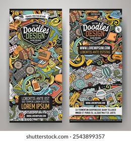 Cartoon vector doodle set of Travel planning banners templates. Corporate identity for the use on apps, branding, flyers, web design. Funny Traveling colorful illustration.