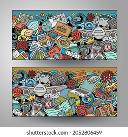 Cartoon vector doodle set of Traveling banners templates. Corporate identity for the use on invitations, cards, apps, branding, flyers, greeting cards, postcards, web design. 