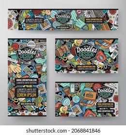 Cartoon Vektordoodle Set von Traveling Corporate Identity Templates. Farbige lustige Banner, ID-Karten, Folien für die Verwendung beim Branding, Einladungen, Karten, Apps, Web-Design.