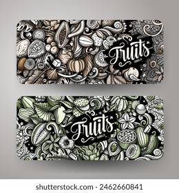 Cartoon vector doodle set of Tropical Fruits banners templates. Corporate identity for the use on apps, branding, flyers, web design. Funny natural food monochrome illustration.