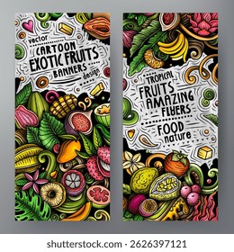 Cartoon vector doodle set of Tropical Fruits banners templates. Corporate identity for the use on apps, branding, flyers, web design. Funny natural food colorful illustration.