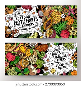 Cartoon Vektor Doodle Set von Tropical Fruits Banner Vorlagen. Corporate Identity für den Einsatz auf Apps, Branding, Flyern, Webdesign. Lustige natürliche Lebensmittel bunte Illustration. Handgezeichnet, nicht KI