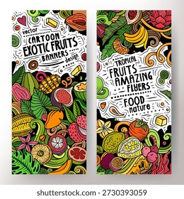 Vector de dibujos animados doodle conjunto de frutas tropicales Anuncios Plantillas. Identidad Corporativa para el uso en App, branding, flyers, Diseño web. Divertida ilustración colorida de comida natural. Dibujado a mano, no AI