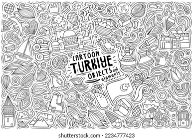 Cartoon vector doodle set of Turkiye traditional symbols, items and objects