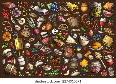Cartoon vector doodle set of Ukrainian cuisine traditional symbols, items and objects