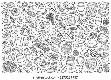 Cartoon vector doodle set of Ukrainian cuisine traditional symbols, items and objects