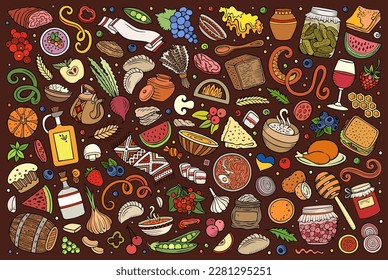 Cartoon vector doodle set of Ukrainian cuisine traditional symbols, items and objects