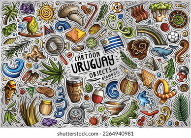 Cartoon vector doodle set of Uruguay traditional symbols, items and objects
