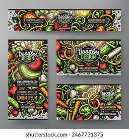 Cartoon vector doodle set of Vegetables corporate identity templates. Colorful funny banners, id cards, flayer for the use on branding, invitations, cards, apps, web design.