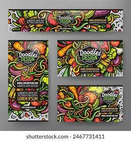 Cartoon vector doodle set of Vegetables corporate identity templates. Colorful funny banners, id cards, flayer for the use on branding, invitations, cards, apps, web design.