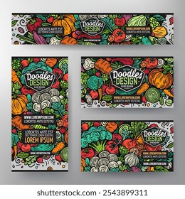 Conjunto de doodle de Vector de dibujos animados de Plantillas de identidad corporativa de vegetales. Anuncios divertidos coloridos, tarjetas de identificación, flayer para el uso en la marca, invitaciones, tarjetas, App, Diseño web.