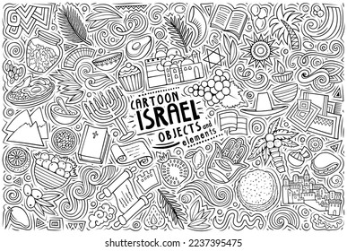 Cartoon vector doodle set of Yisrael traditional symbols, items and objects