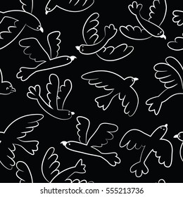 Cartoon vector doodle silhouette flying birds seamless pattern. Animal decoration background