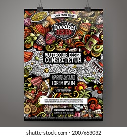 Cartoon vector doodle Spain poster template. Corporate identity for the use on invitations, placards, cards, presentations. Funny colorful and line art design