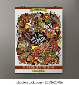 Cartoon vector doodle Spain poster template. Corporate identity for the use on invitations, placards, cards, presentations. Funny colorful design