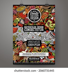 Cartoon vector doodle Spain poster template. Corporate identity for the use on invitations, placards, cards, presentations. Funny colorful and line art design