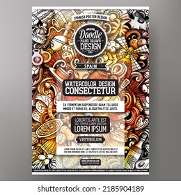 Cartoon vector doodle Spain poster template. Corporate identity for the use on invitations, placards, cards, presentations. Funny watercolor style design