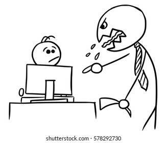 Cartoon vector doodle stick man businessman boss is screaming at worker at office