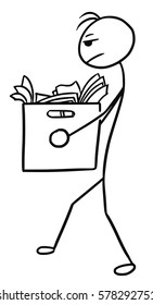 Cartoon vector doodle stick man businessman carrying large box with office paper