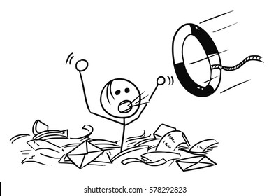 Cartoon vector doodle stick man businessman drowning in the office paper and life buoy thrown in paper