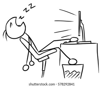 Cartoon vector doodle stick man businessman sleeping in front of the computer screen with leg on the table