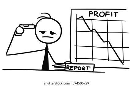 Cartoon vector doodle stick man businessman pointing gun pistol at his head committing suicide because of low company profit at wall graph 