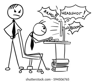 Cartoon vector doodle stick man businessman playing video game on computer screen during work job with angry boss standing behind him