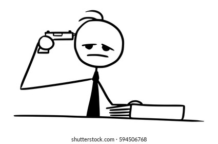 Cartoon vector doodle stick man businessman pointing gun pistol at his head committing suicide