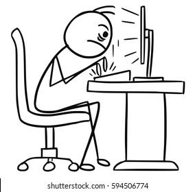 Hombre de negocios del palillo del garabato del Vector de la historieta que se sienta delante de la computadora y que escribe rápido y agresivamente en el teclado