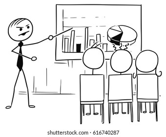 Cartoon vector doodle stick man stick man male boss or teacher is presenting several graphs on the table or screen, 3 office workers or students are sitting in front of him watching