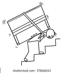 Cartoon Vector Doodle Stickman Carrying A Piano Up The Stairs