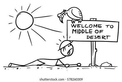 Cartoon vector doodle stickman crawling thirsty in middle of desert meet sign