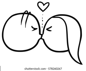 Cartoon vector doodle stickman faces of man kissing woman