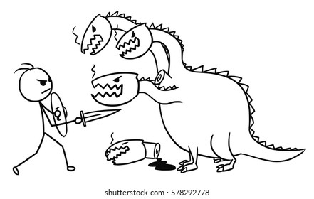 Cartoon vector doodle stickman fighting with sword and shield with four headed dragon