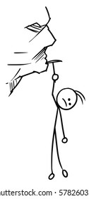 Cartoon vector doodle stickman hanging dangerously on the cliff