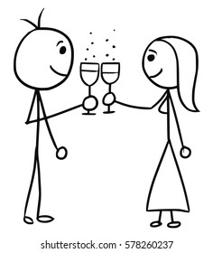 Cartoon vector doodle stickman man and woman touch glasses of vine