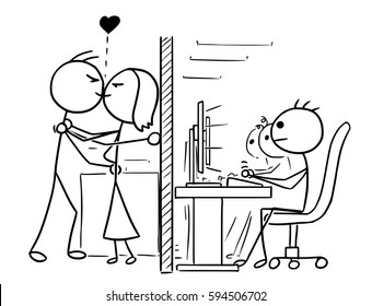 Cartoon vector doodle stickman man and woman couple in love kissing at office, job, work hidden from co-workers