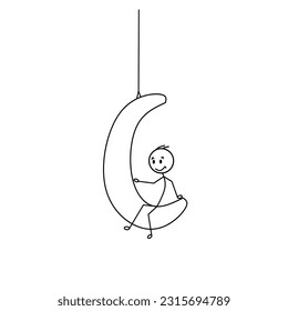 Cartoon vector doodle stickman sitting on the crescent horned moon