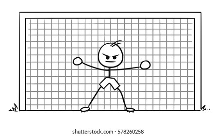 Cartoon vector doodle stickman soccer football goalkeeper is ready to catch a ball