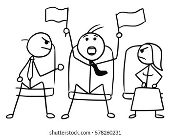 Cartoon vector doodle stickman in theater or cinema with flags waving and two angry viewers