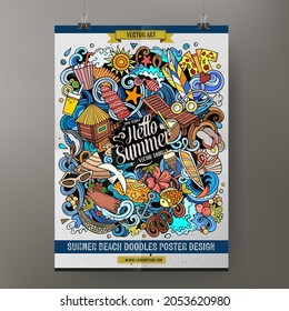 Dibujo vectorial del doodle Summer Beach patrón afiche. Identidad corporativa para el uso en invitaciones, carteles, tarjetas, presentaciones. Diseño divertido y colorido