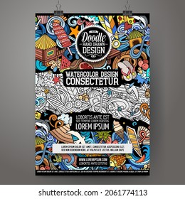 Cartoon Vektordoodle Summer Beach Poster Vorlage. Corporate Identity für die Verwendung bei Einladungen, Plakaten, Karten, Präsentationen. Funny bunt und Line Art Design