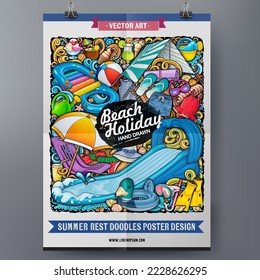 Cartoon vector doodle summer beach children's entertainment poster template. Funny colorful corporate identity.